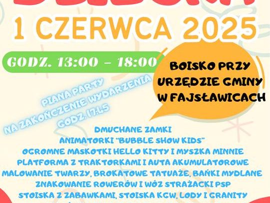 Plakat informuje o Dniu Dziecka, który odbędzie się 1 czerwca 2025r. w godz. od 13:00 do 18:00 na boisku przy budynku Urzedu Gminy Fajsławicee