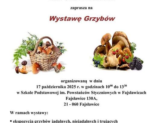 Plakat informuje o wystawie grzybów, która odbedzie się 17 października 2025r. w Szkole Podstawowej im. Powstańców Styczniowych w Fajsławicach