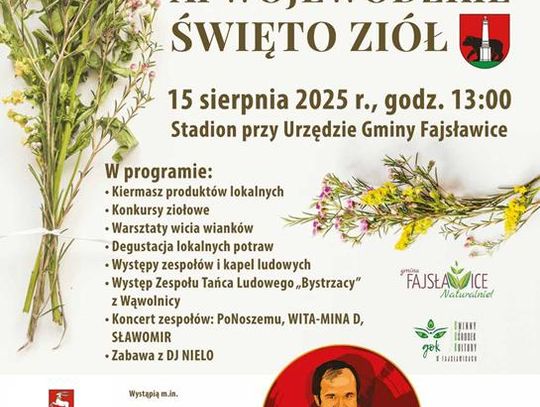 Plakat informuje o wydarzeniu XI Wojewódzkim Święcie Ziół, które odbedzie się 15 sierpnia 2025r. na stadionie przy Urzędzie Gminy Fajsławice