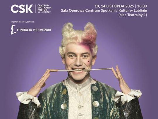 Zaproszenie na spektakl „Amadeusz” Plakat informuje o spektaklu "Amadeusz", który odbędzie się w dniach 13-14 listopada 2025r. o godz. 18:00 w sali operowej Centrum Spotkania Kultur w Lublinie