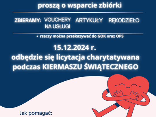 Plakat informuje o zbiórce charytatywnej dla Krzysztofa Krysy z Marysina, która odbędzie się 15 grudnia 2024r. podczas Kiermaszu Świątecznego sali widowiskowej Gminnego Ośrodka Kultury w Fajsławicach