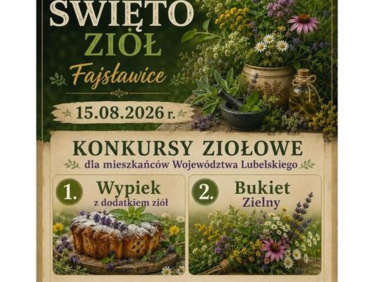 Plakat informuje o Ziołowych konkursach XII Wojewódzkiego Święta Ziół