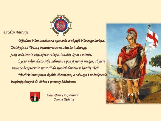 Grafika przedstawia życzenia z okazji Dnia Strażaka, który obchodzony jest 4 maja