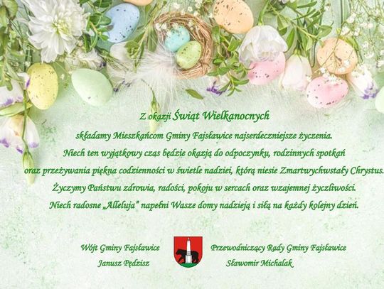 Grafika przedstawia życzenia wielkanocne od Samorządu Gminy Fajsławice dla Mieszkańców Gminy