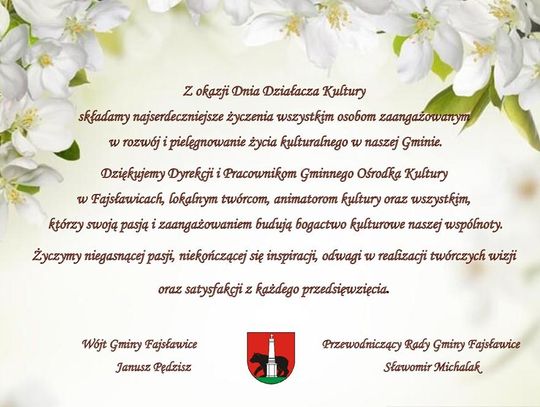 Grafika przedstawia życzenia z okazji Dnia Działacza Kultury