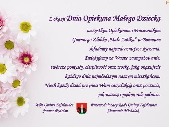 Życzenia z okazji Dnia Opiekuna Małego Dziecka Grafika przedstawia życzenia z okazji Dnia Opiekuna Małego Dziecka od Samorządu Gminy Fajsławice