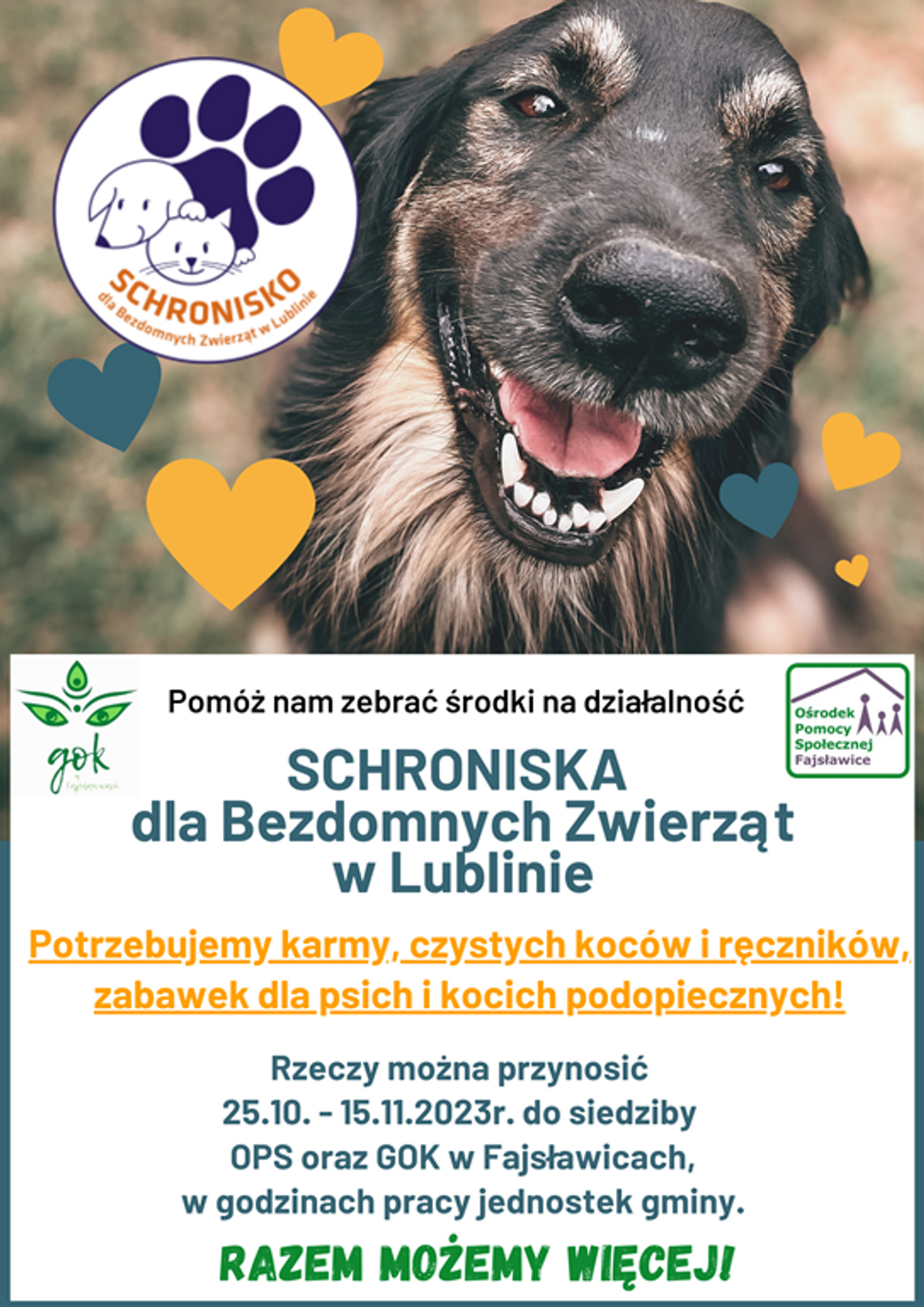 Plakat informuje o zbiórce dla SCHRONISKA dla Bezdobnych Zwierząt w Lublinie, która rozpoczyna się