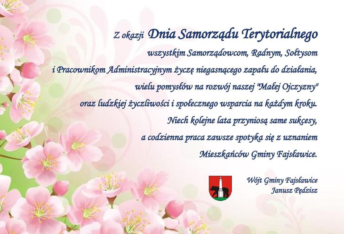 Grafika przedstawia życzenia z okazji Dnia Samorządu Terytorialnego, który przypada na 27 maja