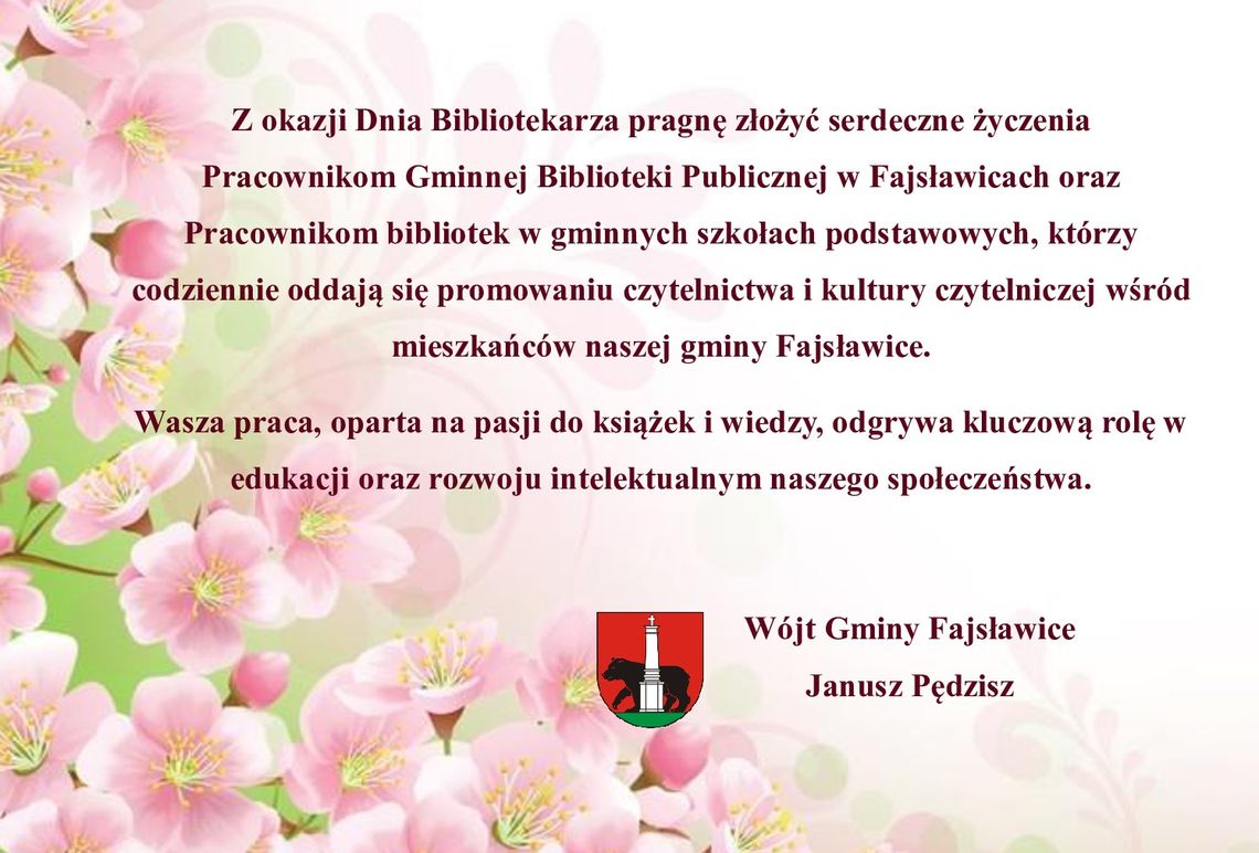 Grafika przedstawia życzenia z okazji Dnia Bibliotekarza i Bibliotek