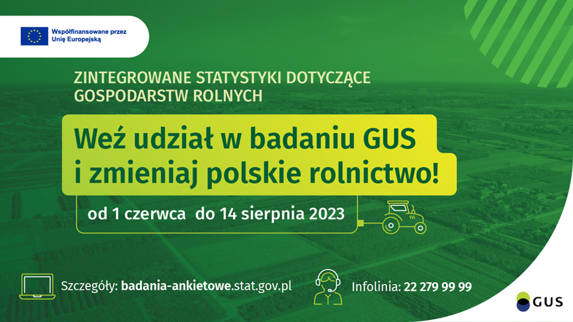 Plakat informuje o badaniach przeprowadzanych przez Główny Urząd Statystyczny dotyczących rolnictwa