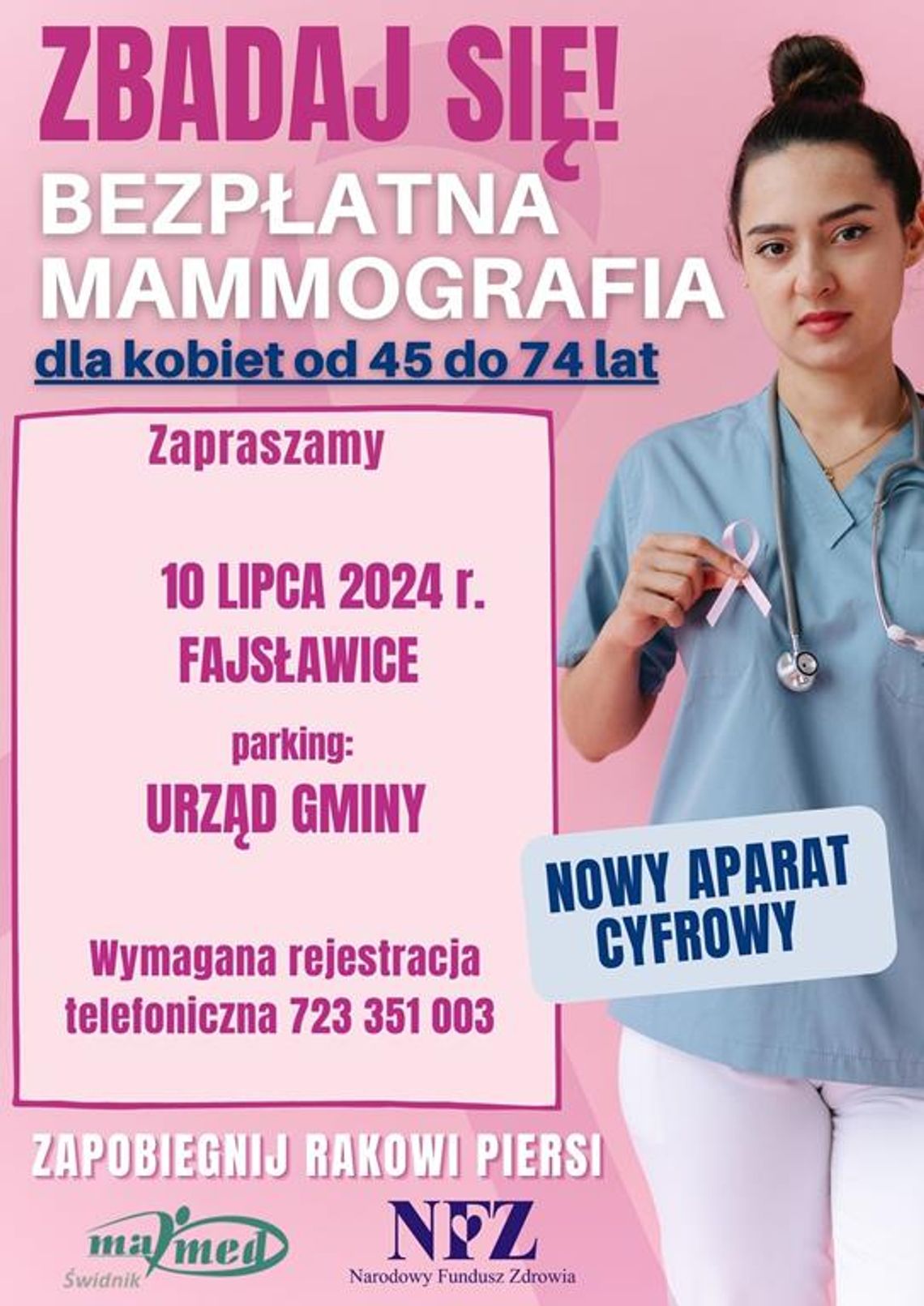 Plakat informuje o bezpłatnej mammografii w Gminie Fajsławice, która odbędzie się 10 lipca 2024r. w godz. od 8:00 do 15:00 na parkingu przy Urzędzie Gminy Fajsławice