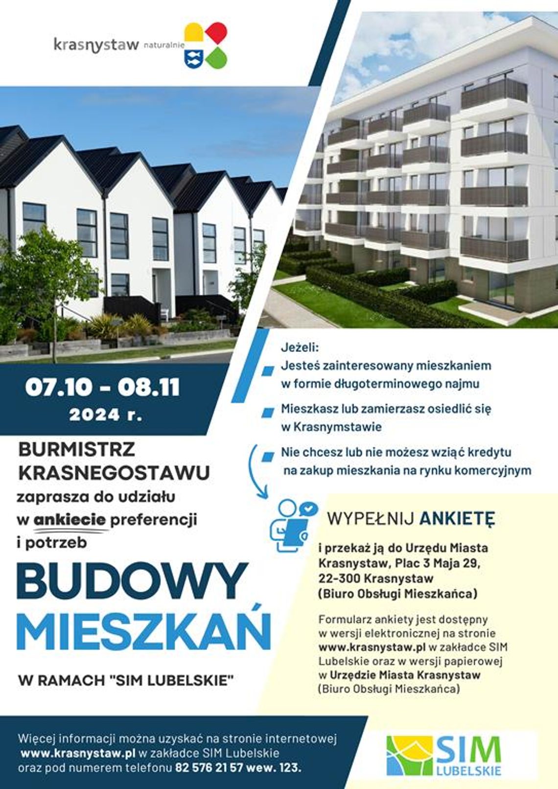 Plakat informuje o zaproszeniu Burmistrza Krasnegostawu do udziału w ankiecie preferencji i potrzeb Budowy Mieszkań w ramach "SIM LUBELSKIE"