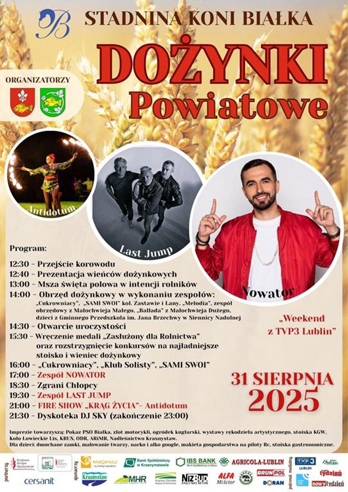 Plakat informuje o Dożynkach Powiatowych, które odbędą się 31 sierpnia 2025 r., w Stadninie Koni Białka