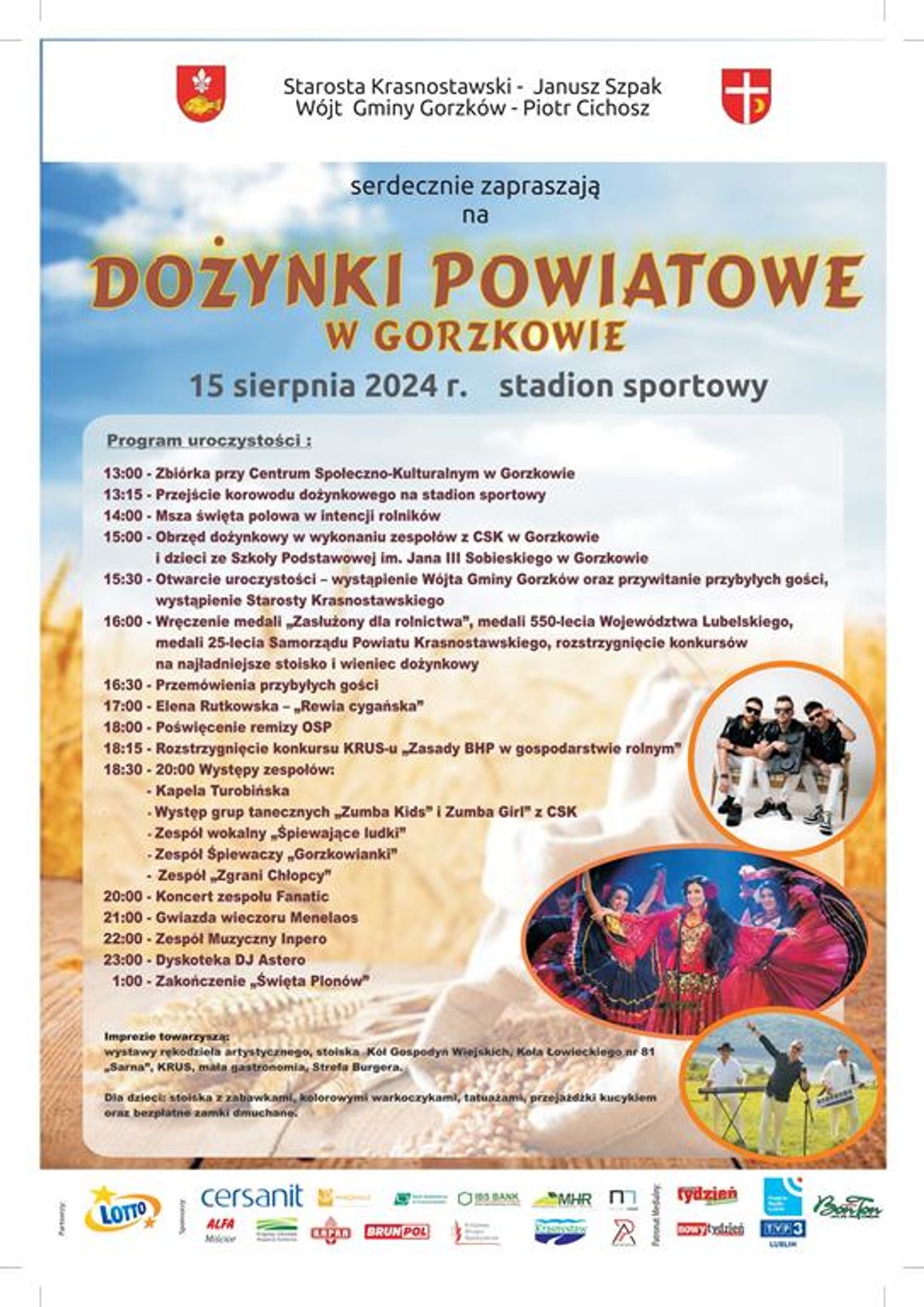 Plakat informuje o dożynkach Powiatowych, które odbędą się 15 sierpnia 2024r. w Gorzkowie