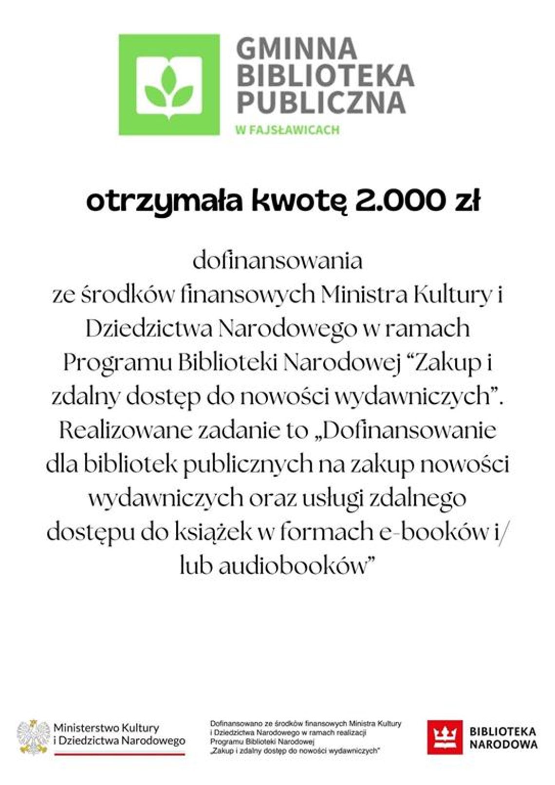 Gminna Biblioteka Publiczna w Fajsławicach z kolejnym dofinansowaniem na rozwój księgozbioru