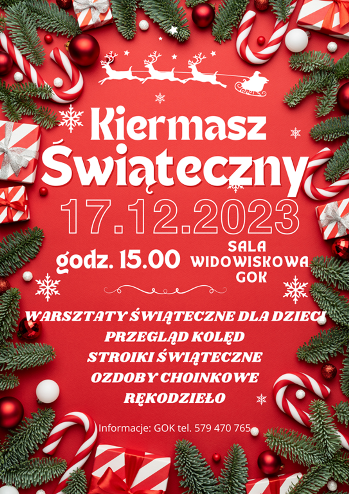 Plakat informuje o Kiermaszu Świątecznym, który odbędzie się 17 grudnia 2023r. o godzinie 15:00 w sali widowiskowej Gminnego Ośrodka Kultury w Fajsławicach