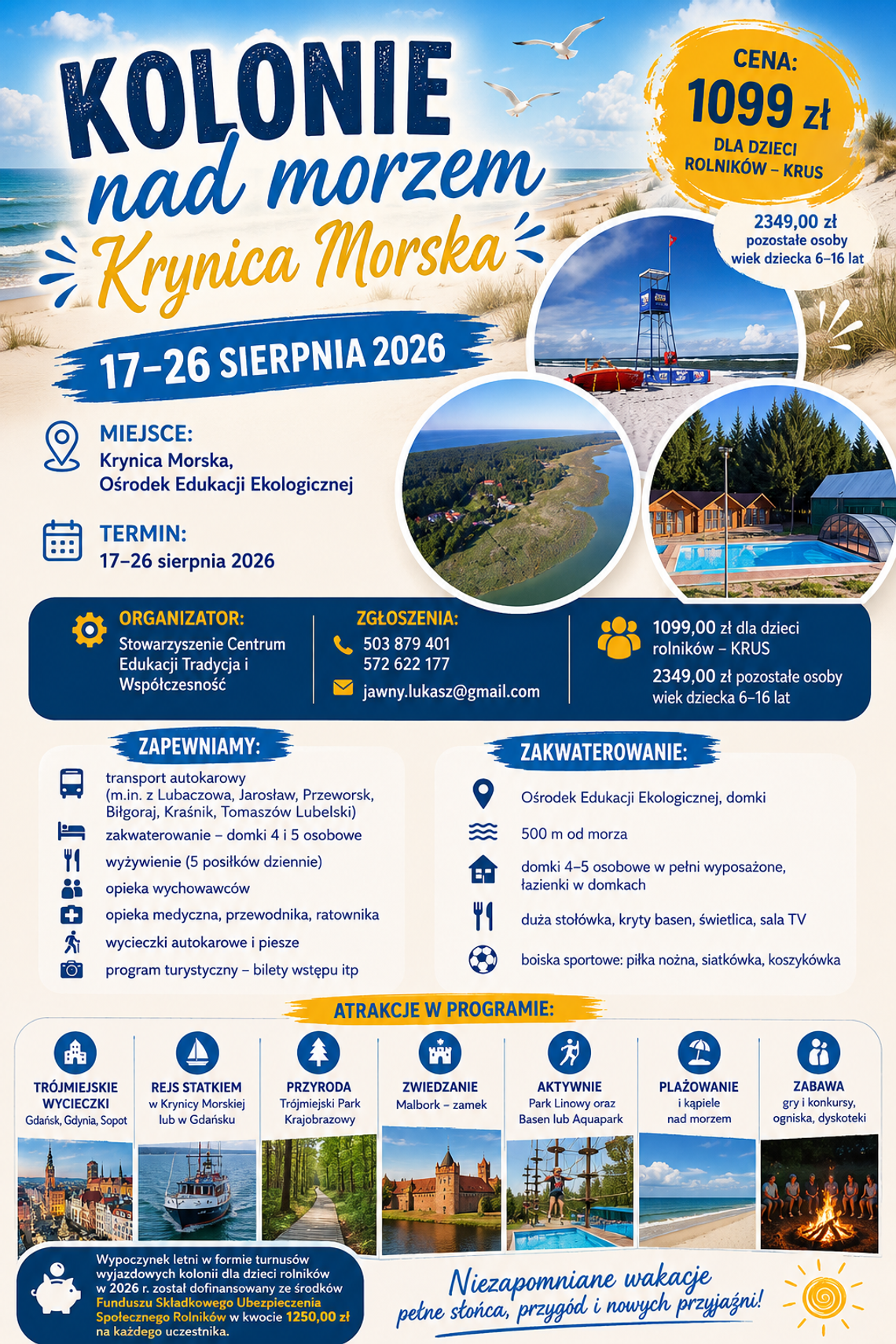 Kolonie letnie nad morzem z dofinansowaniem KRUS Plakat informuje o ofercie kolonii nad morzem dla dzieci i młodzieży z rodzin rolniczych w Krynicy Morskiej w terminie 17-26 sierpnia 2026r.