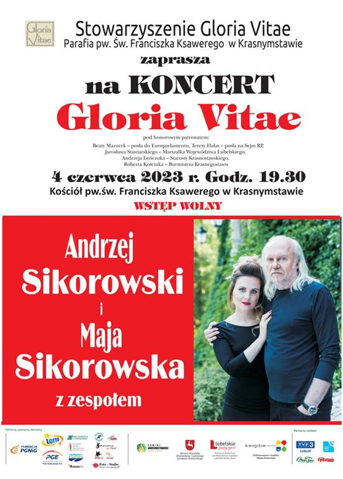 Plakat informuje o KONCERCIE GLORIA VITAE, który odbedzie się 4 czerwca 2023r., o godz. 19:30 w Kościele pw. św. Franciszka Ksawerego w Krasnymstawie