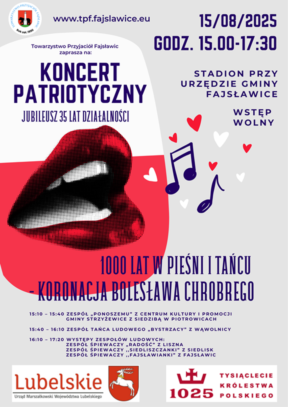 Plakat informuje o koncercie patriotycznym pt. "1000 lat w pieśni i tańcu – koronacja Bolesława Chrobrego”, który odbędzie się 15 sierpnia 2025r.