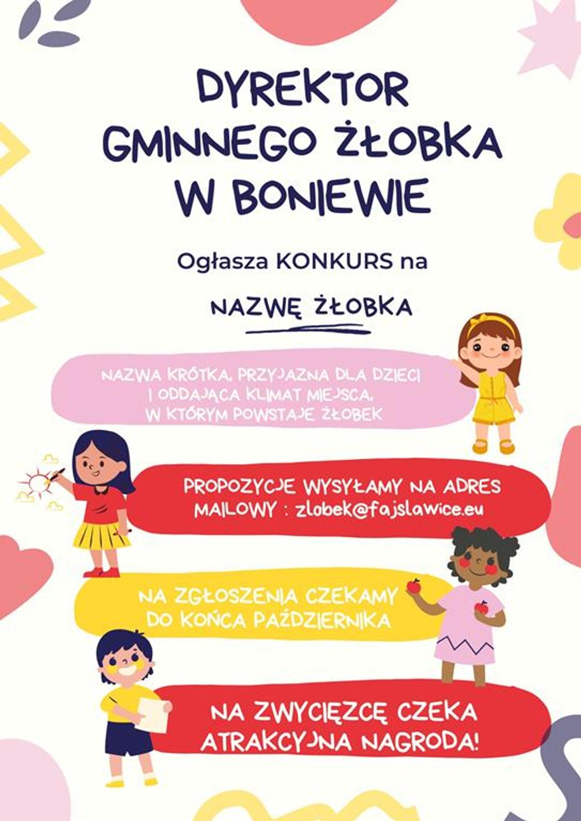 Plakat informuje o Konkursie na nazwę Gminnego Żłobka w Boniewie