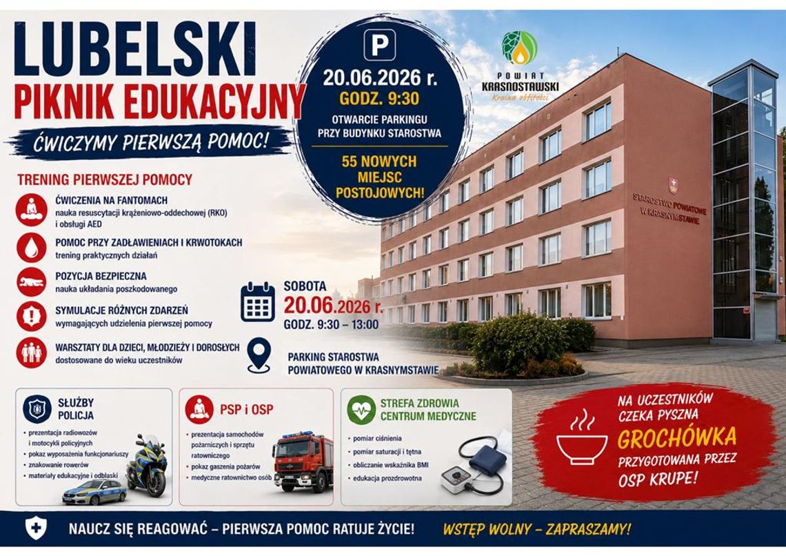Plakat informuje o Lubelskim Pikniku Edukacyjnym, który odbędzie się 20 czerwca 2026r. na parkingu Starostwa Powiatowego w Krasnymstawie