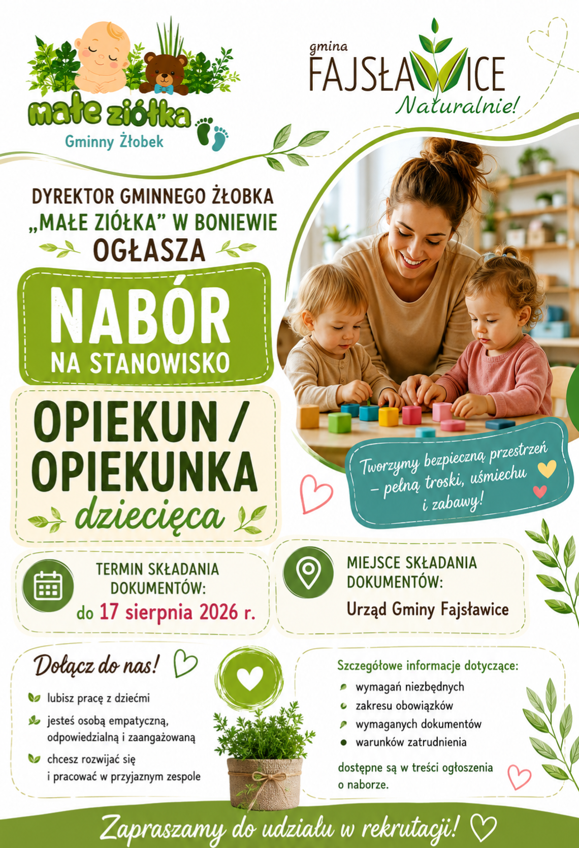 Nabór na wolne stanowisko opiekuna/ki w Gminnym Żłobku "Małe Ziółka" w Boniewie Nabór na wolne stanowisko opiekuna/ki w Gminnym Żłobku "Małe Ziółka" w Boniewie