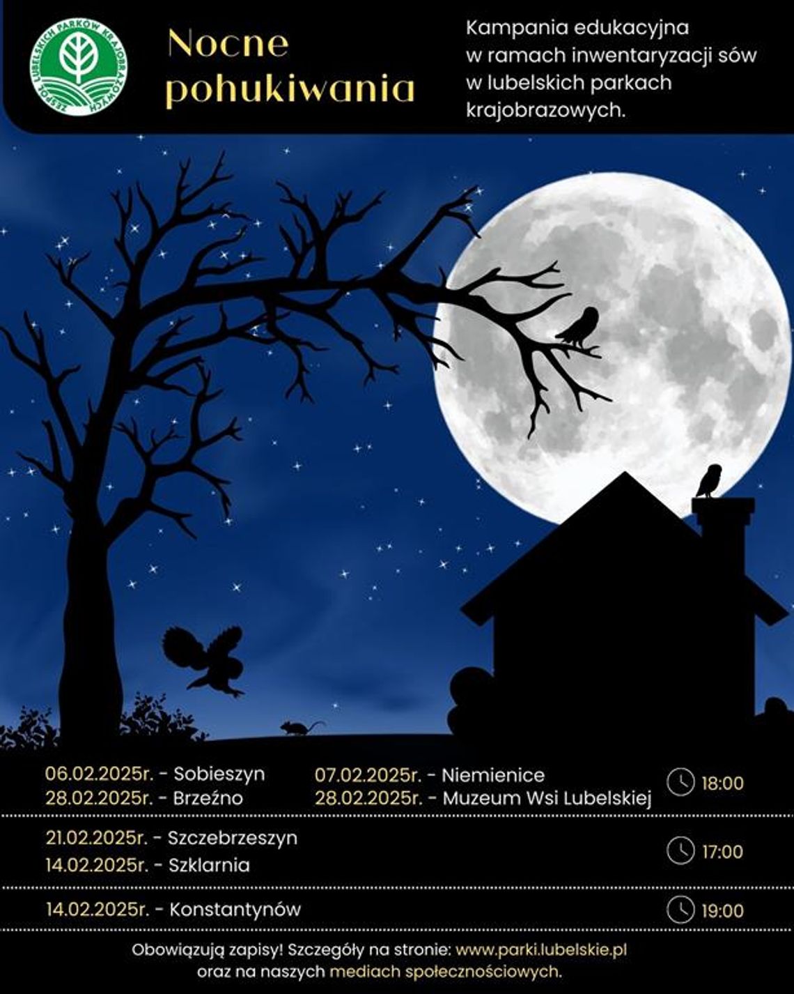 Plakat informuje o wydarzeniu edukacyjnym pt.: "Nocne pohukiwania", które odbędzie się 7 lutego 2025r. na terenie leśnictwa Niemienice