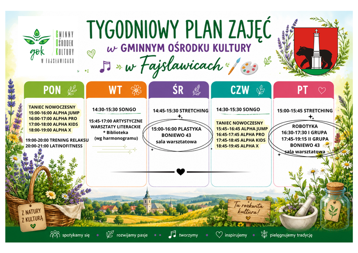 Nowy plan zajęć w Gminnym Ośrodku Kultury w Fajsławicach Grafika przedstawia Tygodniowy Plan Zajęć w Gminnym Ośrodku Kultury w Fajsławicach obowiązujący od 1 września 2026r.
