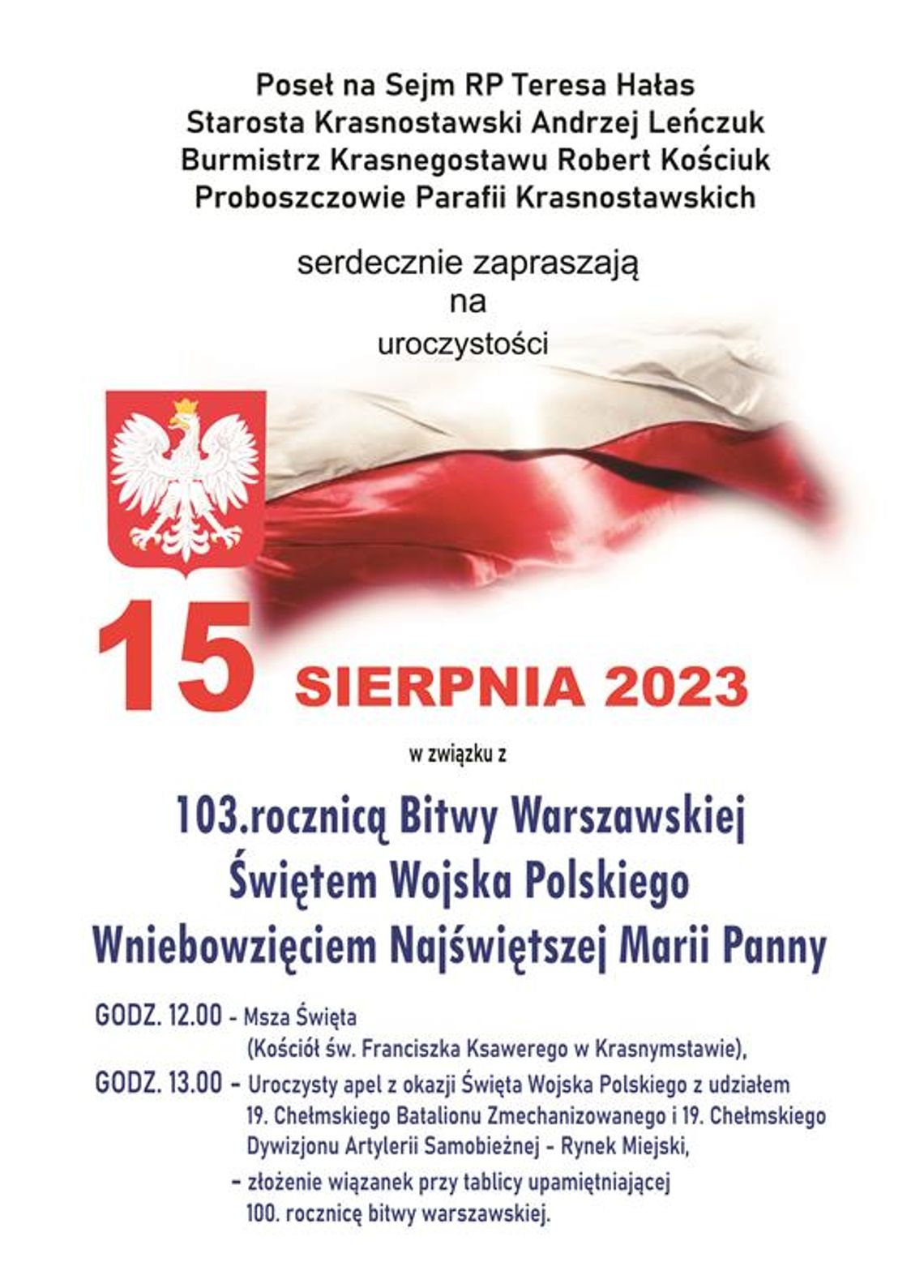 Plakat informuje o obchodzch 103. rocznicy Bitwy Warszawskiej, które odbędą się 15 sierpnia 2023r. w Krasnymstawie