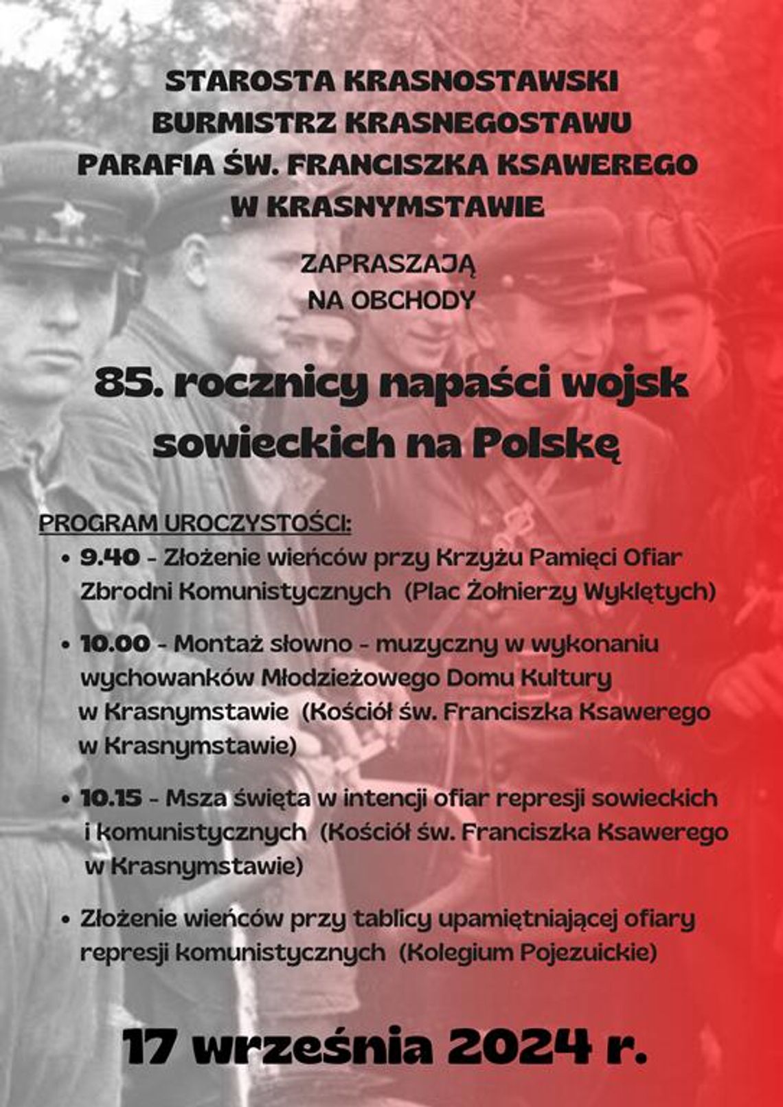 Plakat informuje o obchodach 85. rocznicy napaści wojsk sowieckich na Polskę, które odbedą się 17 września 2024r.