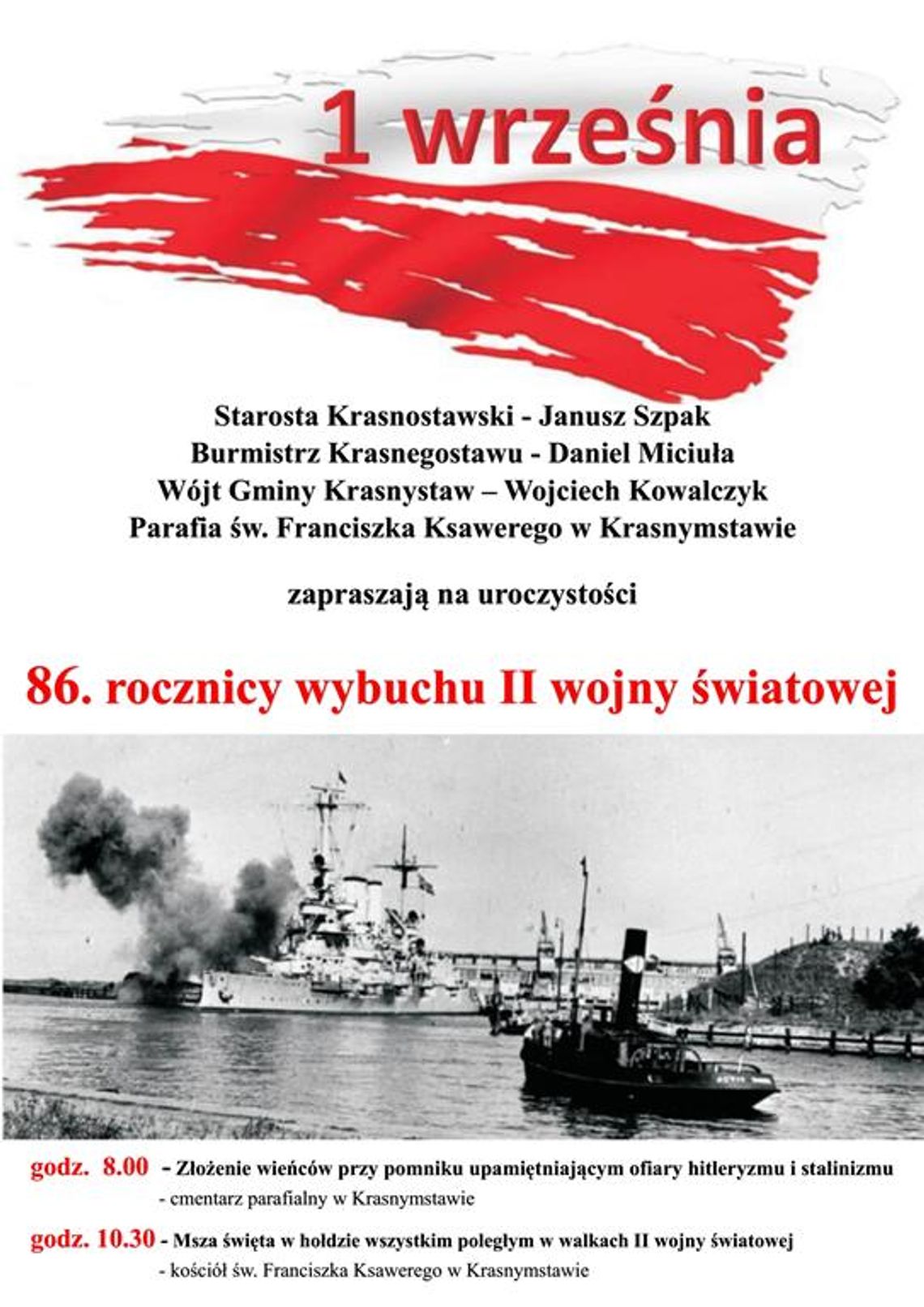 Plakat informuje o obchodach 86. rocznicy wybuchu II wojny światowej, które odbędą się 1 września 2025r. w Krasnymstawie