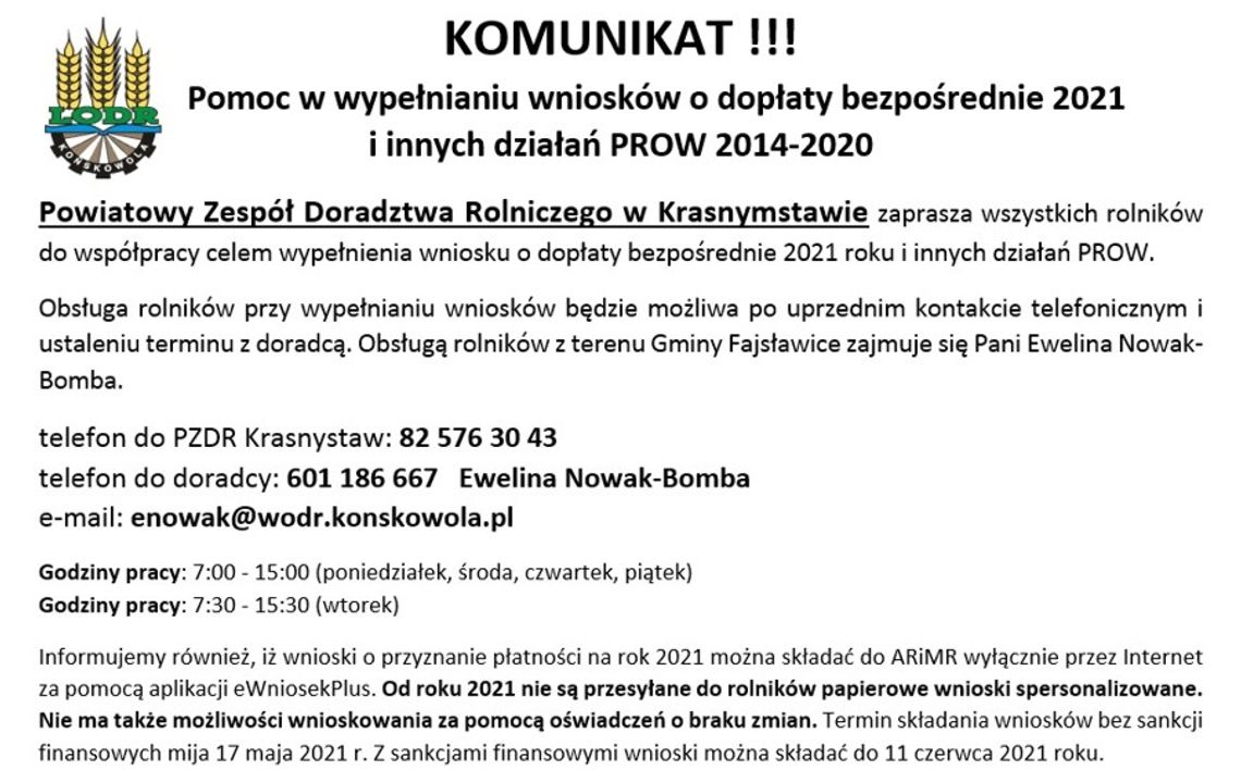 Pomoc w wypełnianiu wniosków o dopłaty bezpośrednie 2021i innych działań PROW 2014 - 2020
