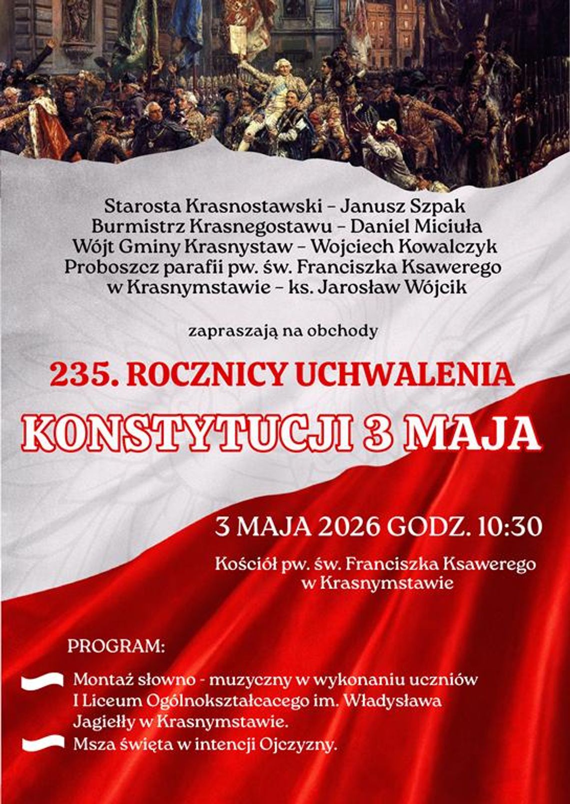 Plakat informuje o powiatowych obchodach Święta Konstytucji 3 Maja, które odbędą się 3 maja 2026r. w Krasnymstawie