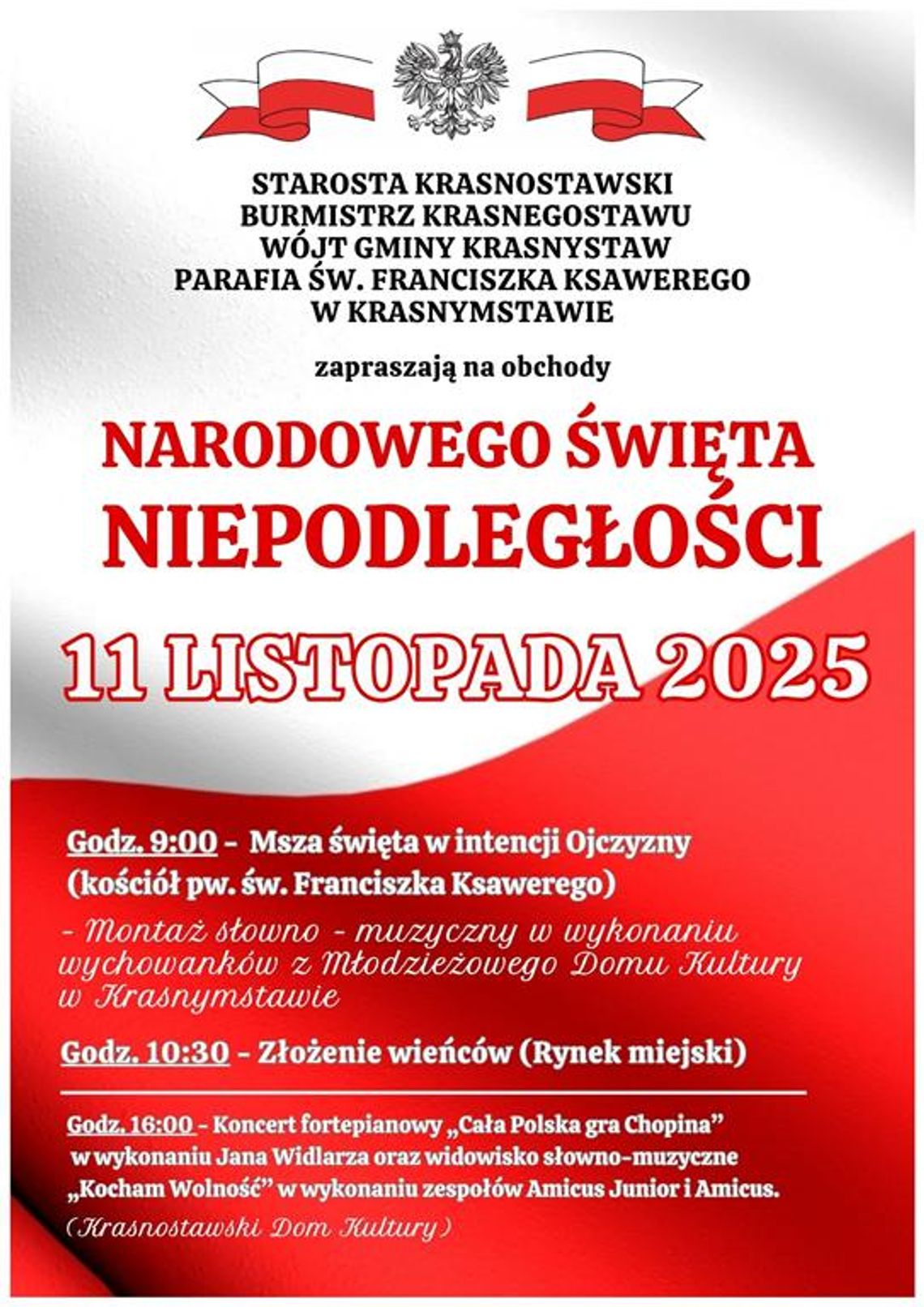 Plakat informuje o Powiatowych obchodach Narodowego Święta Niepodległości, które odbędą się 11 listopada 2025r. w Krasnymstawie