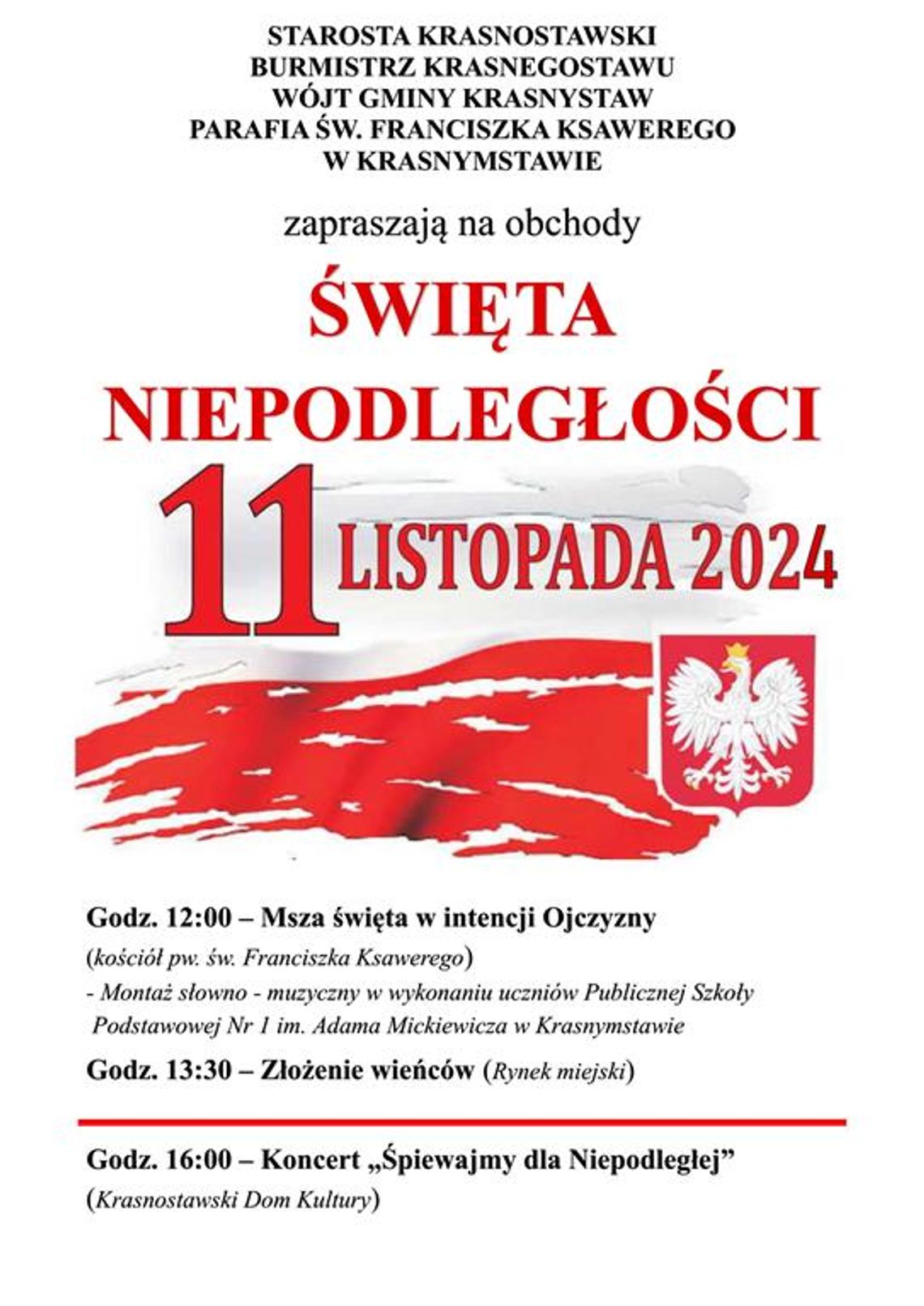 Plakat informuje o Powiatowych obchodach Święta Niepodległości, które odbędą się w 11 listopada 2024r. w Krasnymstawie