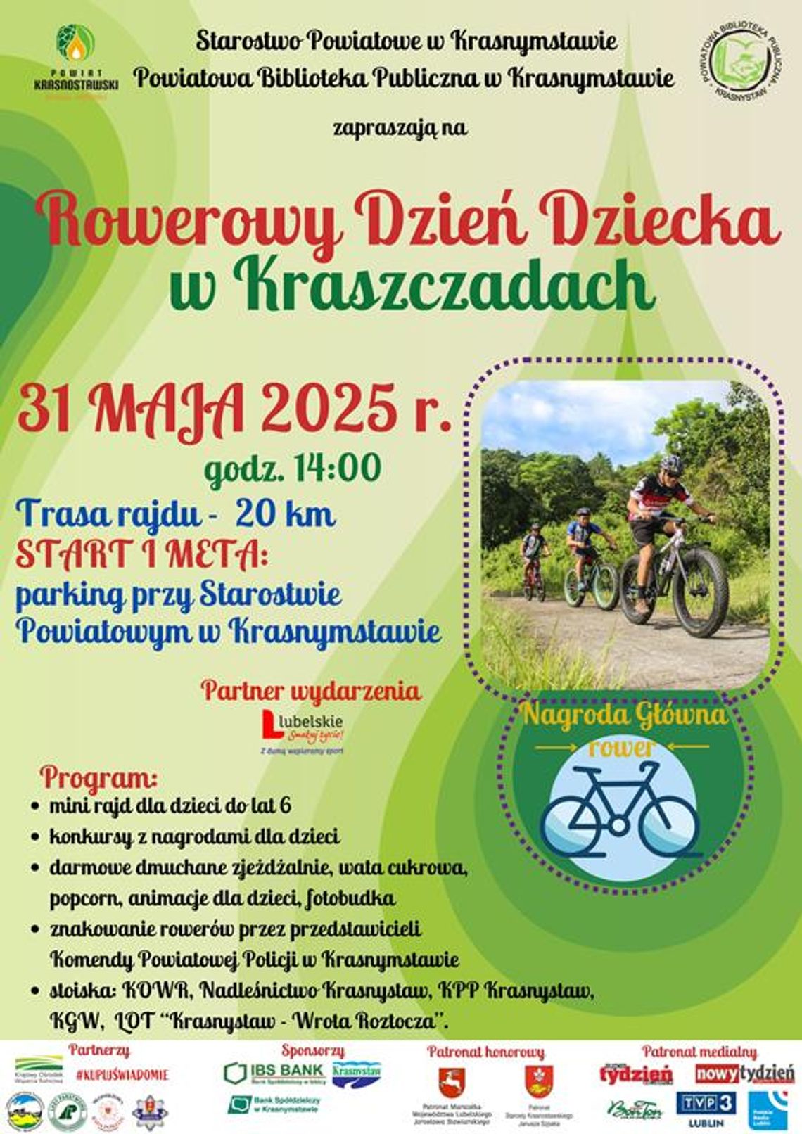 Plakat informuje o wydarzeniu "Rowerowy Dzień Dziecka w Kraszczadach", który odbedzie się 31 maja 2025r. przy Starostwie Powiatowym w Krasnymstawie