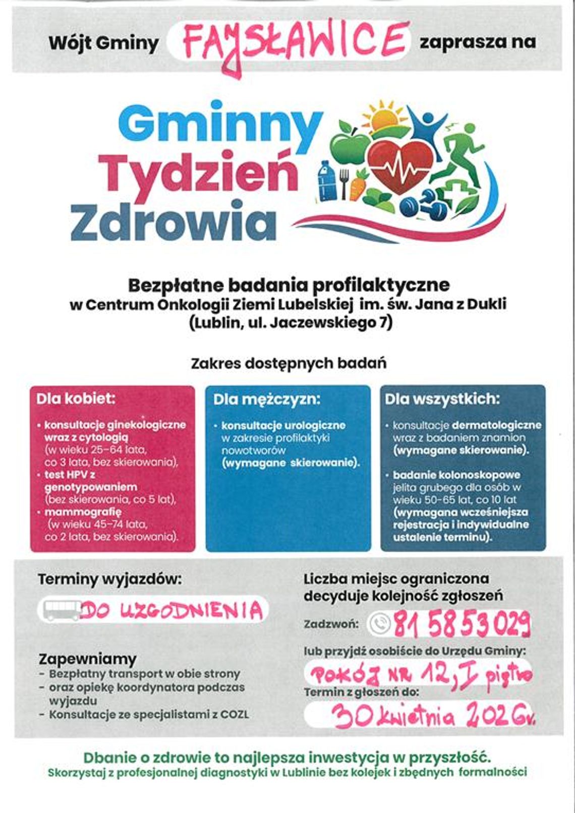 Plakat informuje o zapisach na bezpłatne badania profilaktyczne, które odbędą się w Centrum Onkologii Ziemi Lubelskiej