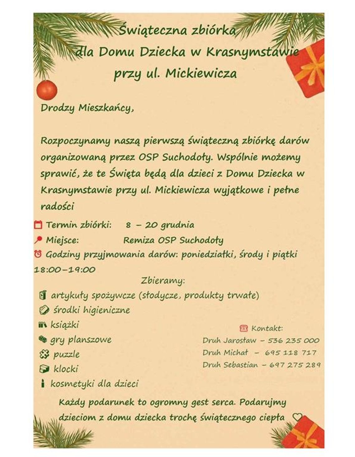 Plakat informuje o świątecznej zbiórce dla Domu Dziecka w Krasnymstawie organizowanej przez OSP Suchodoły