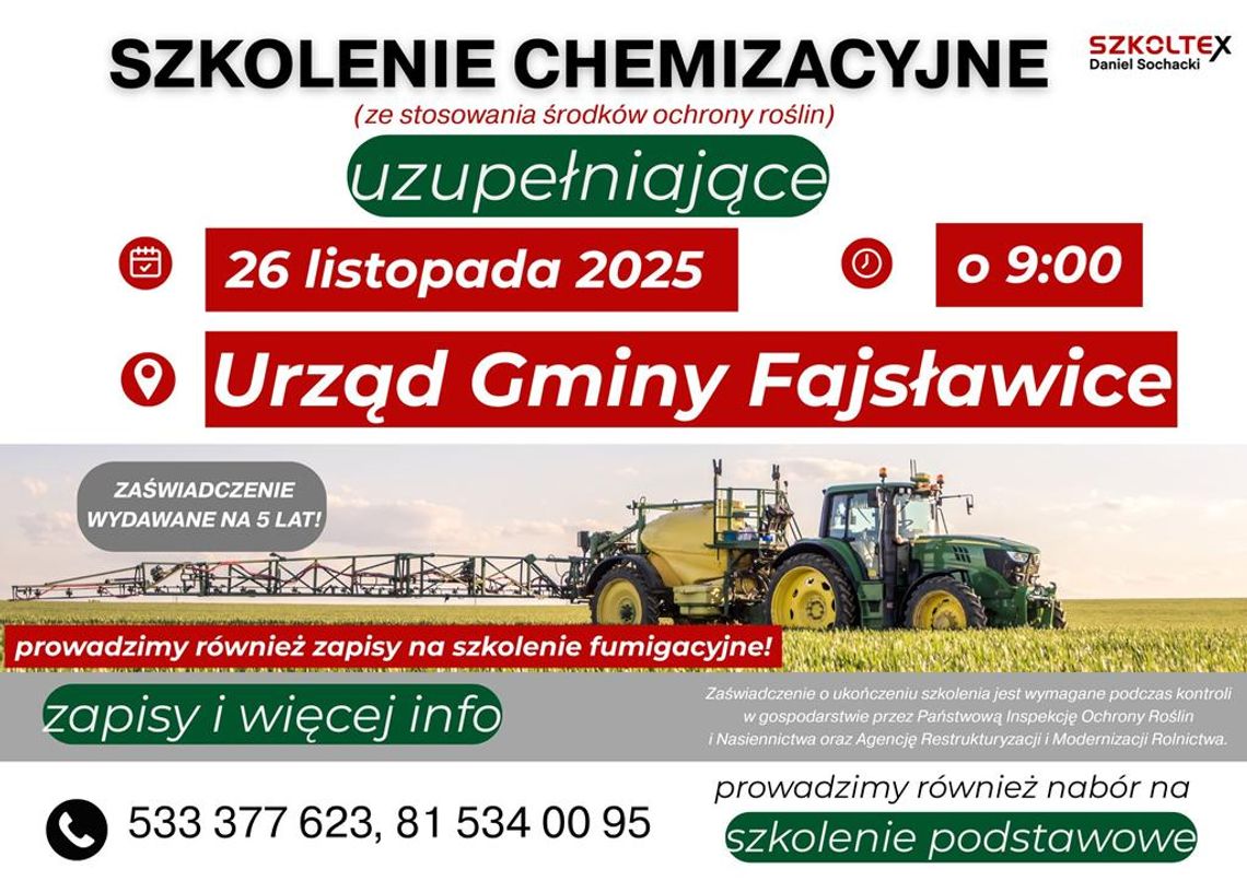 Szkolenie chemizacyjne dla rolników Plakat informuje o szkoleniu chemizacyjnym dla rolników, które odbędzie się 26 listopada 2025r. w sali obrad Urzędu Gminy Fajsławice