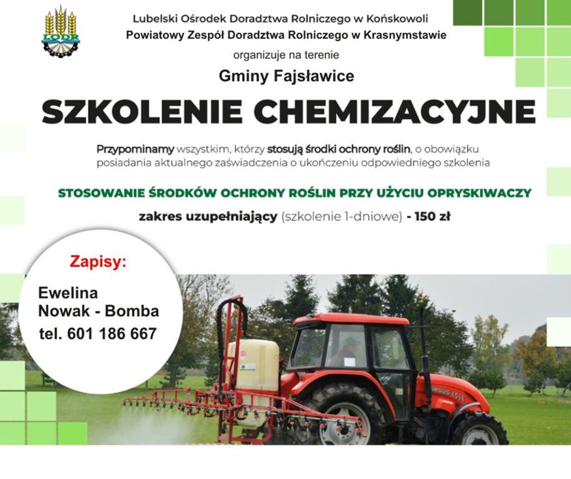 Plakat informuje o zapisach na szkolenie chemizacyjne organizowane na terenie Gminy Fajsławice
