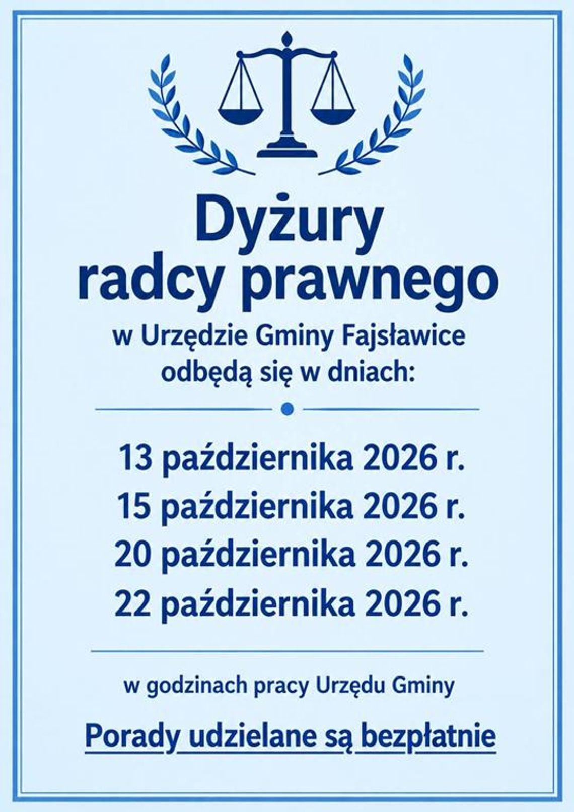 Plakat informuje o terminach dyżurów radcy prawnego w miesiącu październiku 2026r.