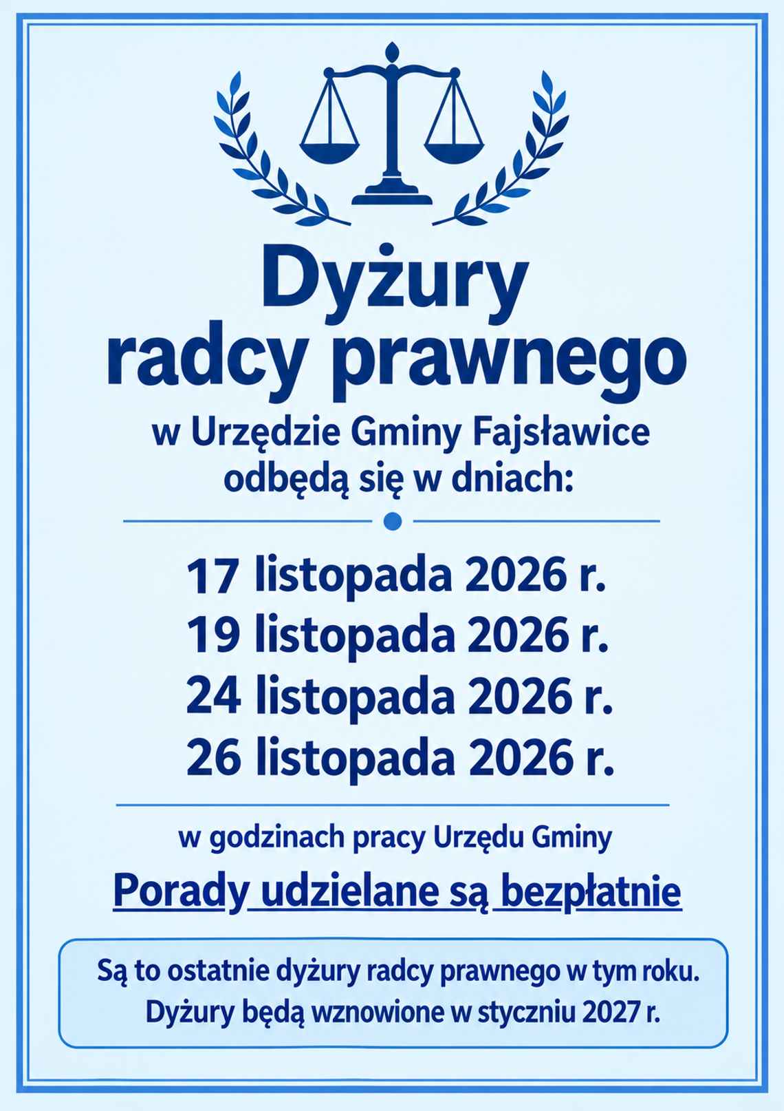 Terminy dyżurów radcy prawnego i psychologa listopad Plakat informuje o terminach dyżurów radcy prawnego w Urzędzie Gminy Fajsławice w listopadzie 2026r.