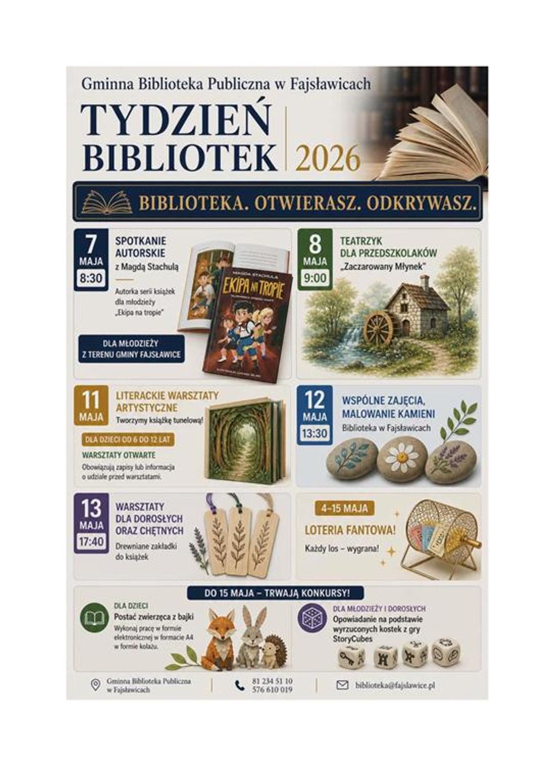 Plakat informuje o ofercie zajęć, wydarzeń i atrakcji zorganizowanych przez Gminną Bibliotekę Publiczna w Fajsławicach z okazji Tygodnia Bibliotek