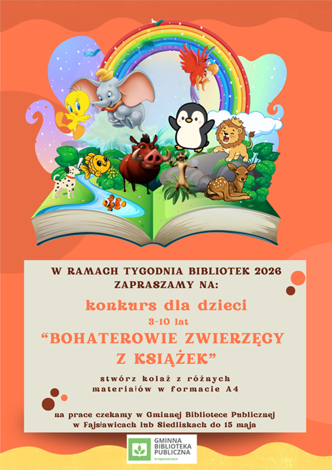 Tydzień Bibliotek 2026 – zapraszamy do udziału w konkursach Plakat informuje o konkursie organizowanym przez Gminną Bibliotekę Publiczną w Fajsławicach