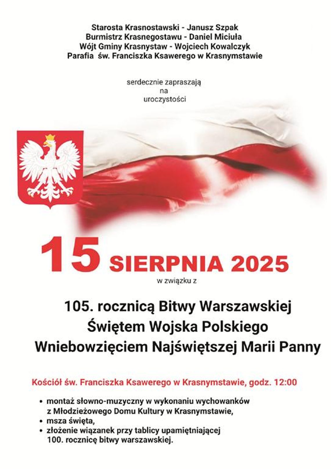 Plakat informuje o uroczystościach powiatowych 105. rocznicy Bitwy Warszawskiej, Święta Wojska Polskiego i Wniebowzięcia Najświętszej Marii Panny, które odbędą się 15 sierpnia 2025r.