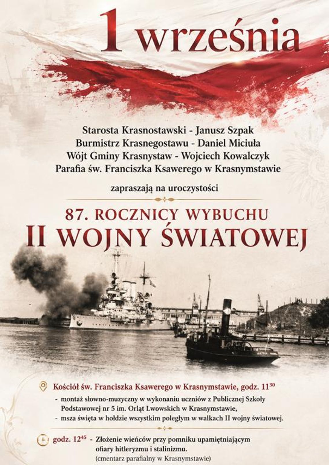 Uroczystości 87. rocznicy wybuchu II wojny światowej Plakat informuje o zaplanowanych uroczystościach związanych 87. rocznicą wybuchu II wojny światowej