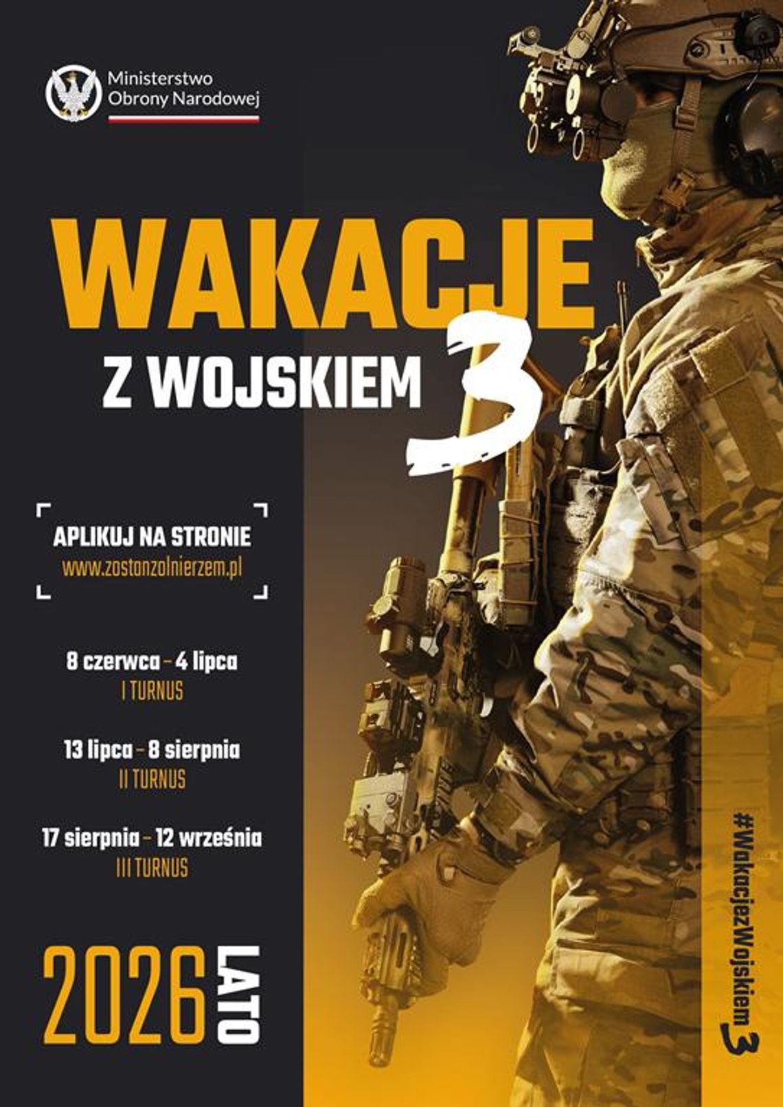 Plakat informuje o naborach na Szkolenie Dobrowolnej Zasadniczej Służby Wojskowej pod nazwą „Wakacje z wojskiem 3”