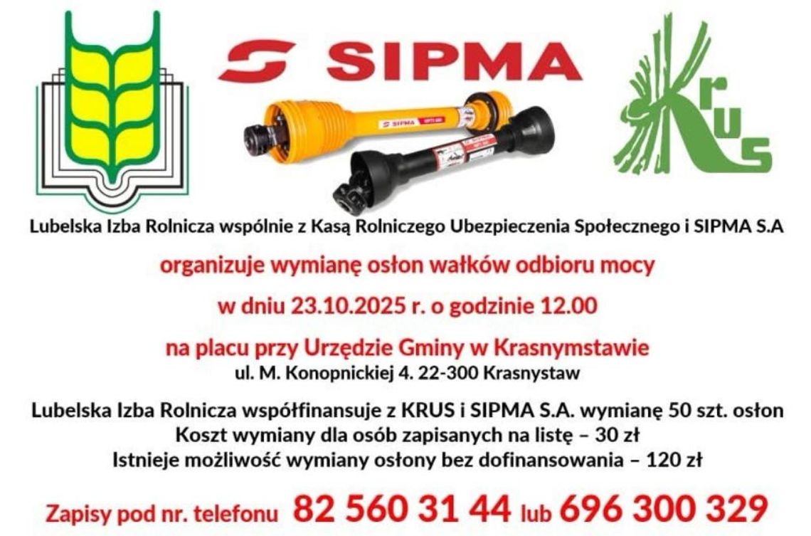 Plakat informuje o akcji wymiany osłon wałków odbioru mocy, która odbędzie się 23 października 2025r. na placu przy Urzędzie Gminy w Krasnymstawie