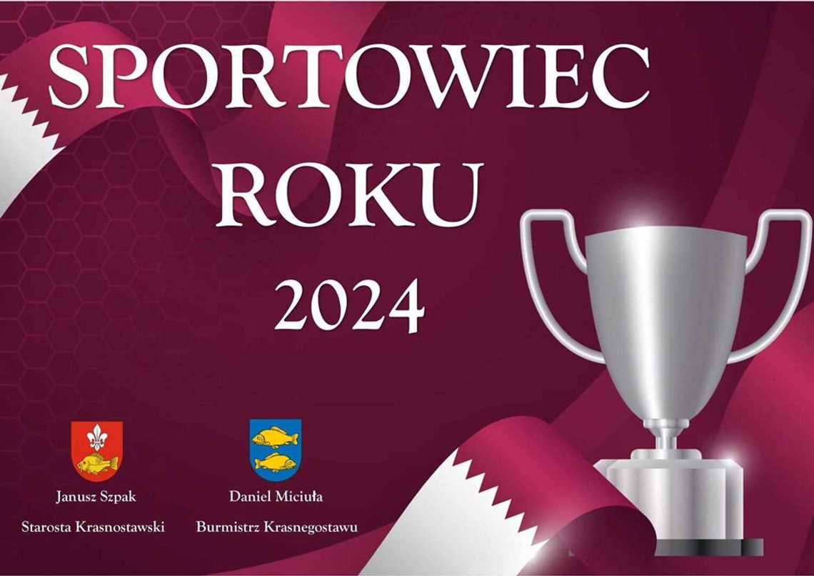 Grafika informuje o Plebiscycie na Sportowca Roku 2024, który organizowany jest w Powiecie Krasnostawskim