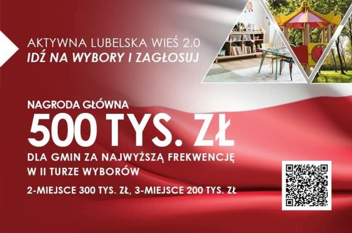 Grafika informuje o konkursie profekwencyjnym organizowanym przez Województwo Lubelskie w związku z Wyborami Prezydenckimi 2025